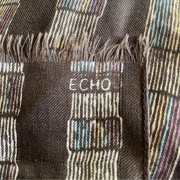 Vintage ECHO 100% Wool Long Scarf, Brown with Cream Blue Stripe Abstract Design - Picture 3 of 7
